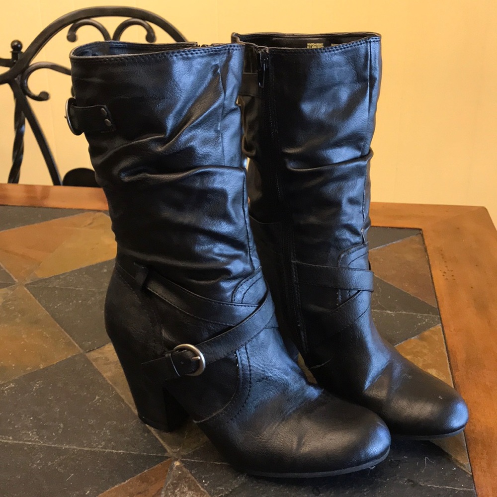 Black Heeled Calf Length Boots
